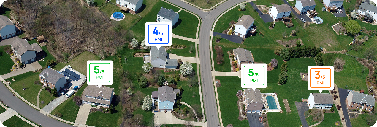 Neighborhood aerial view with PMI ratings on every home