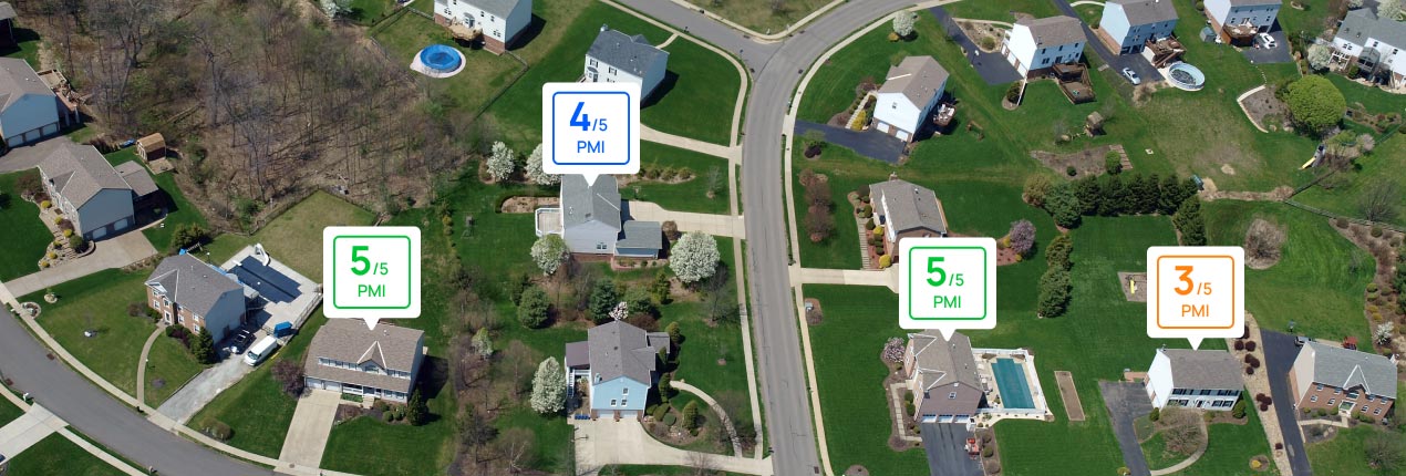 Aerial neighborhood map view showing property-level Predictive Match Index scores