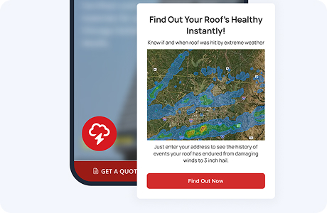 AI weather widget on a contractor website showing a homeowner their last 10 storm events by address